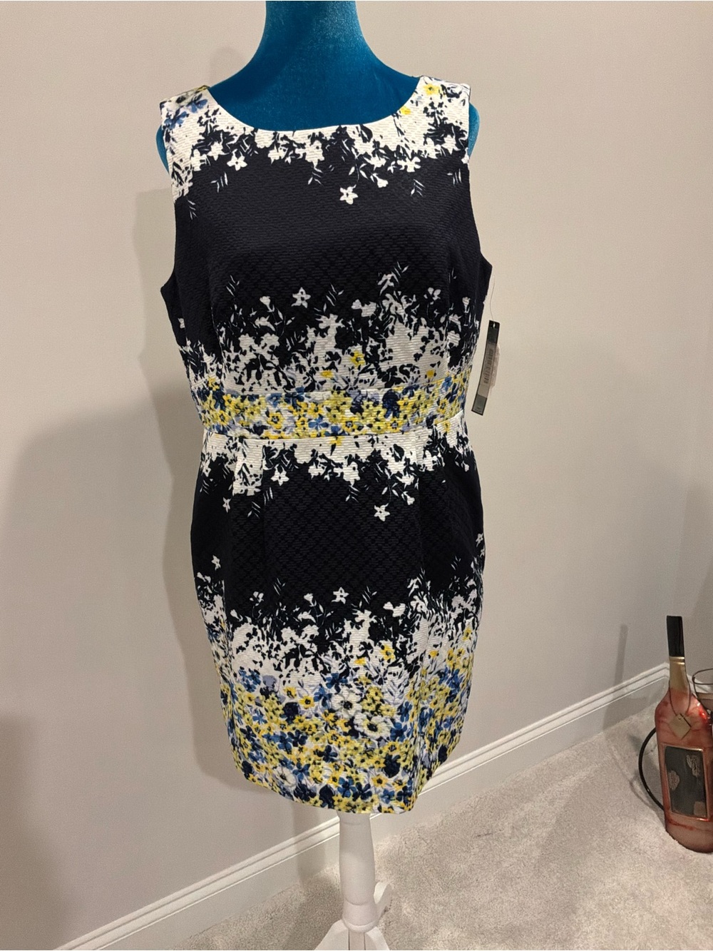 Tahari Navy Floral Sheath Dress with White & Yellow Accents